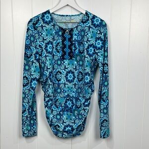 AmberNoonII Womens Swim Top M Turquoise Navy 1/2 Zip Front Thumb Hole Outdoors